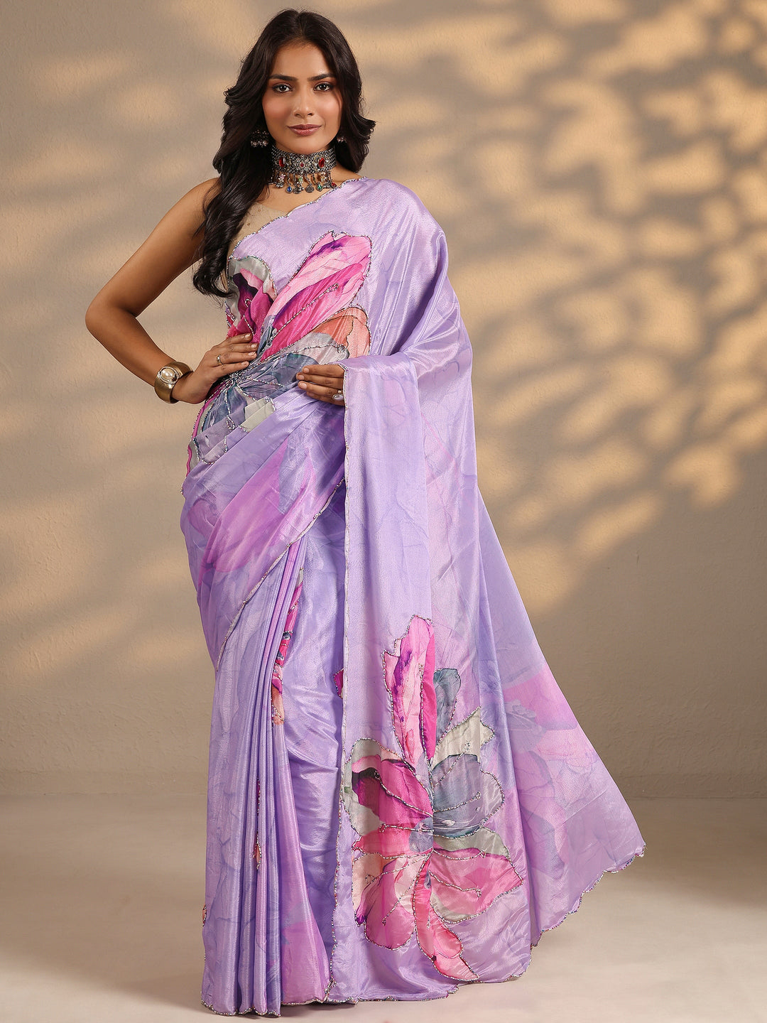  Lavender Printed Silk Blend Saree With Unstitched Blouse Piece 