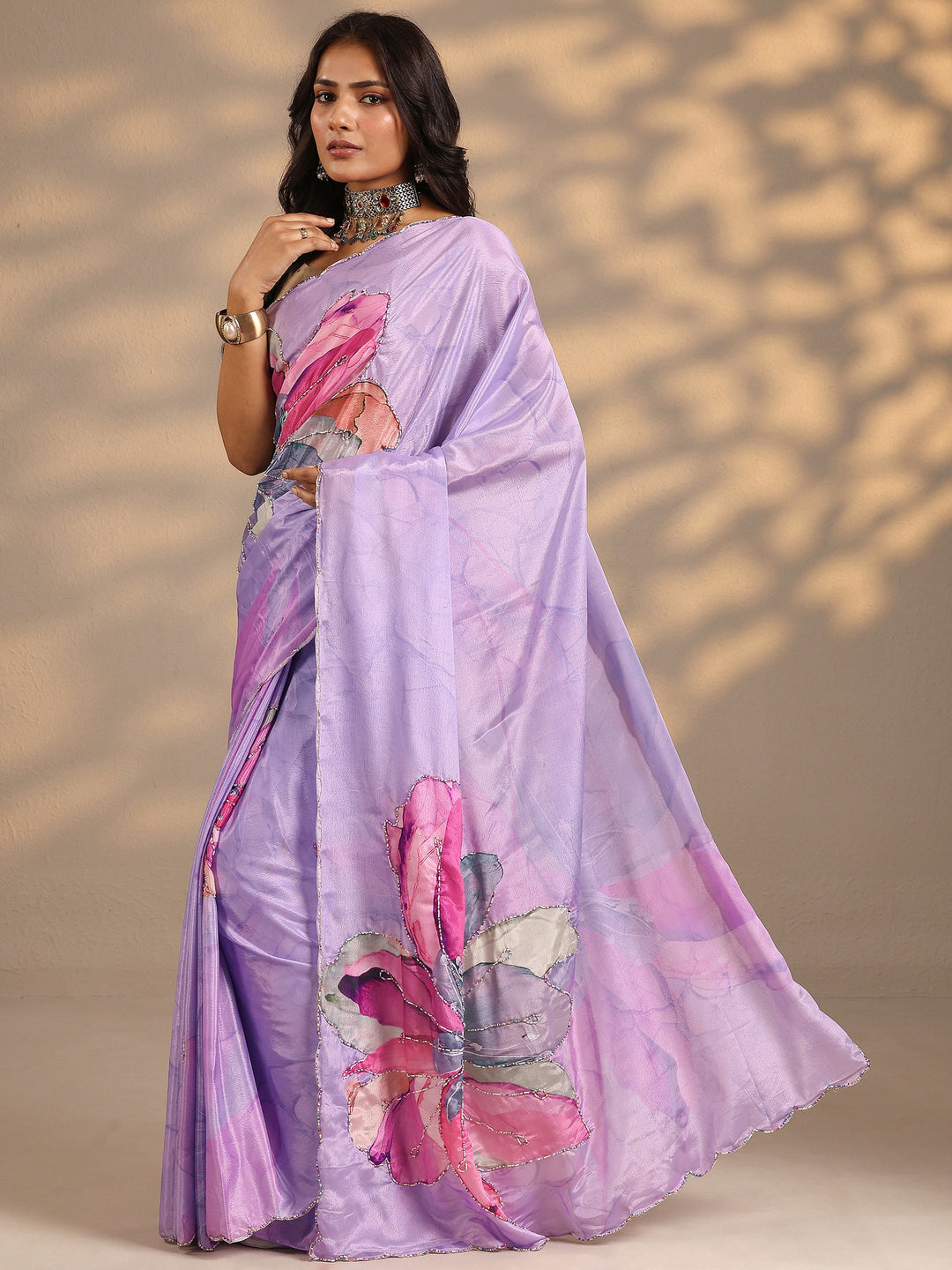  Lavender Printed Silk Blend Saree With Unstitched Blouse Piece 