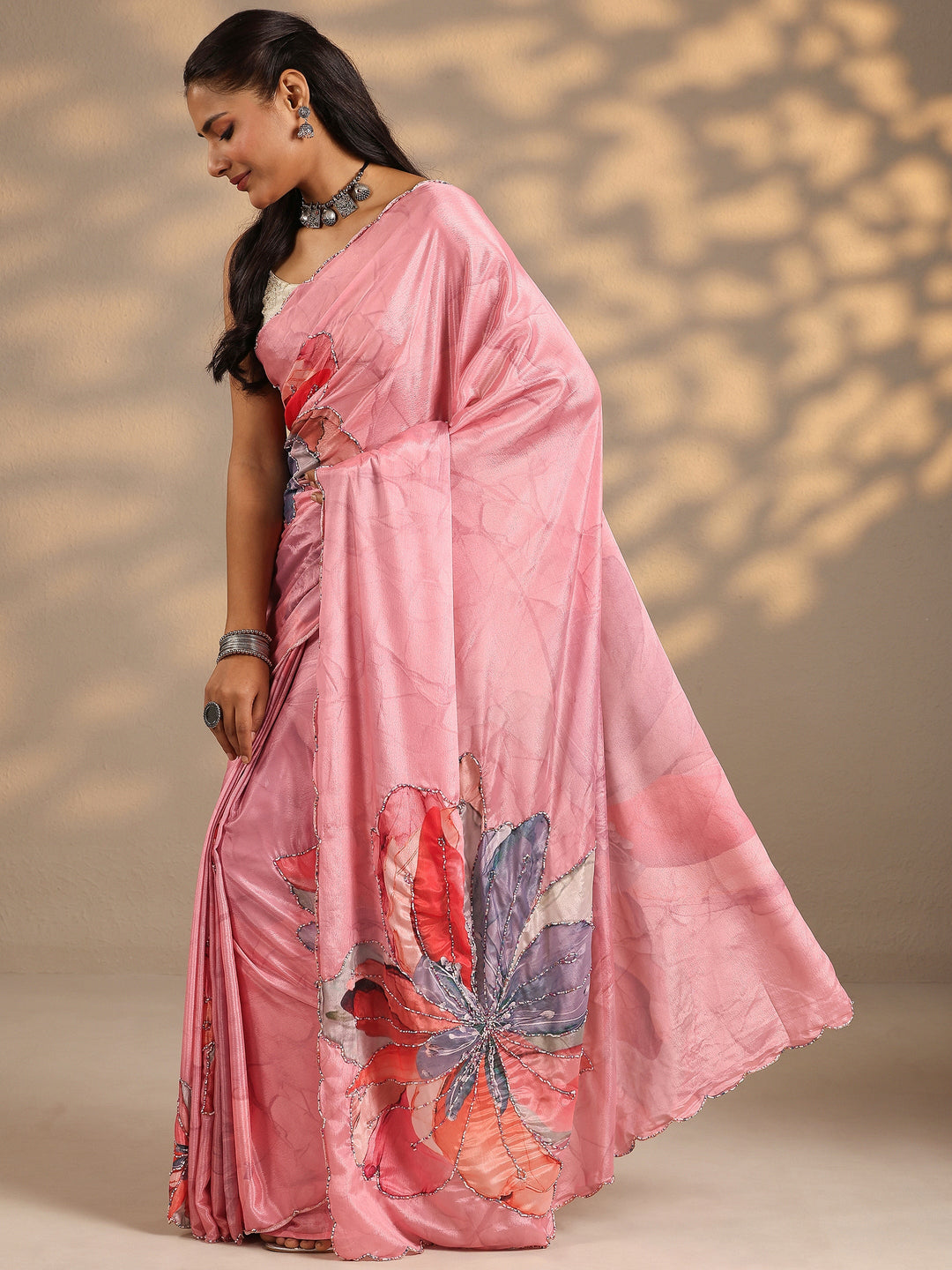  Peach Printed Silk Blend Saree With Unstitched Blouse Piece 