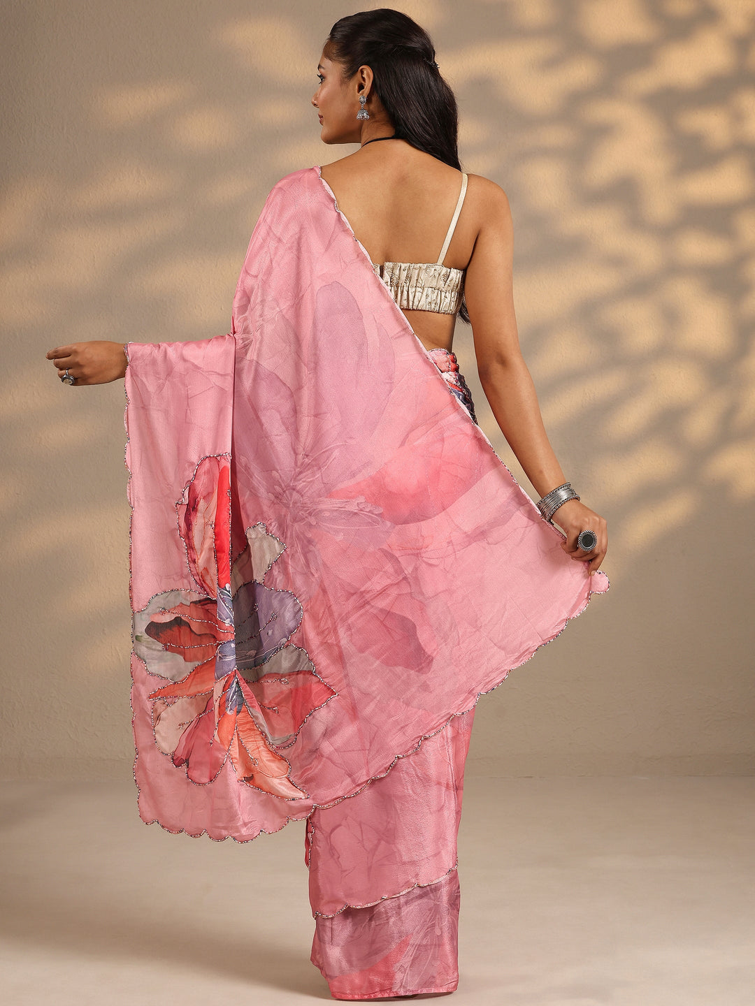  Peach Printed Silk Blend Saree With Unstitched Blouse Piece 