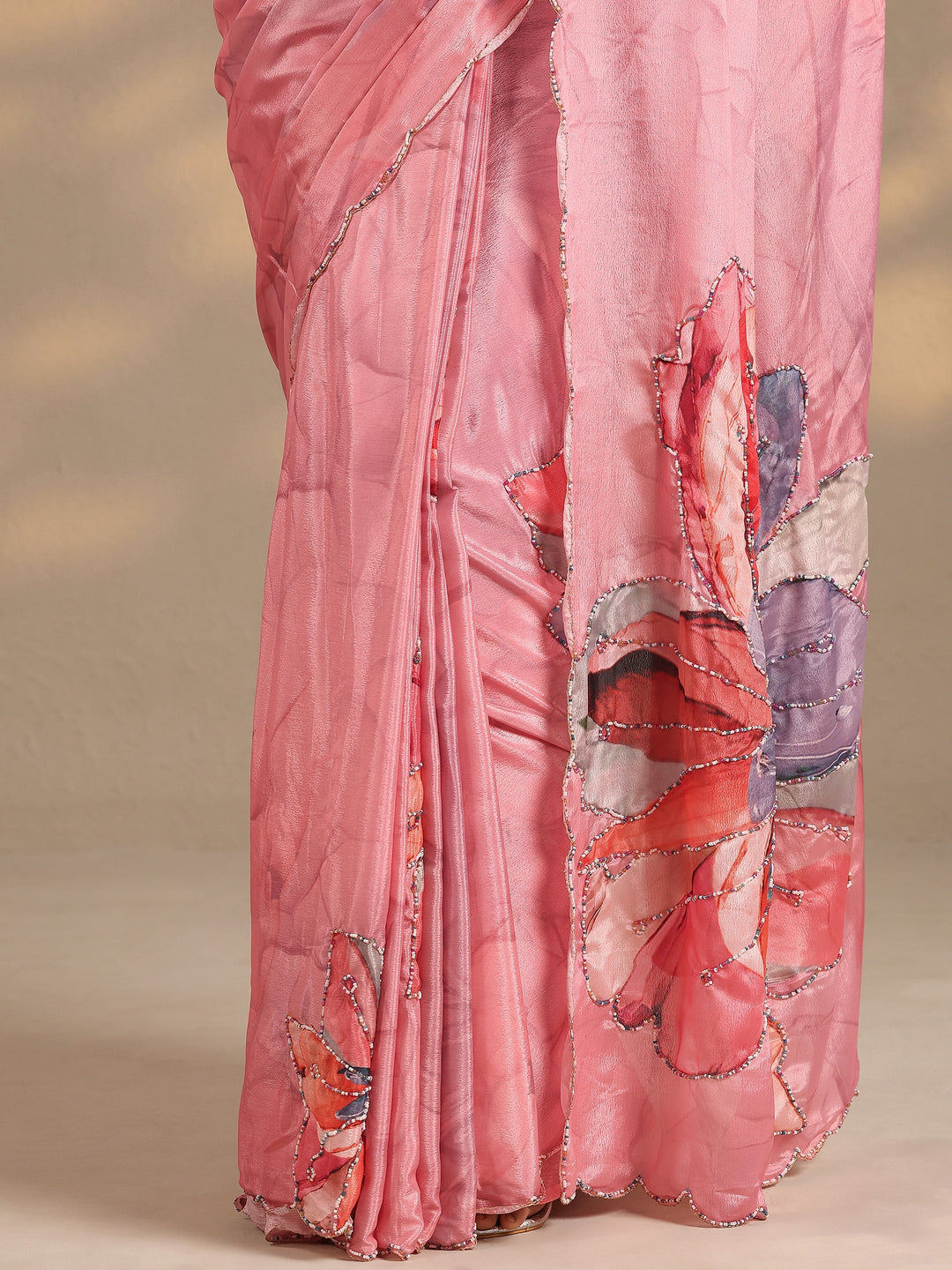  Peach Printed Silk Blend Saree With Unstitched Blouse Piece 