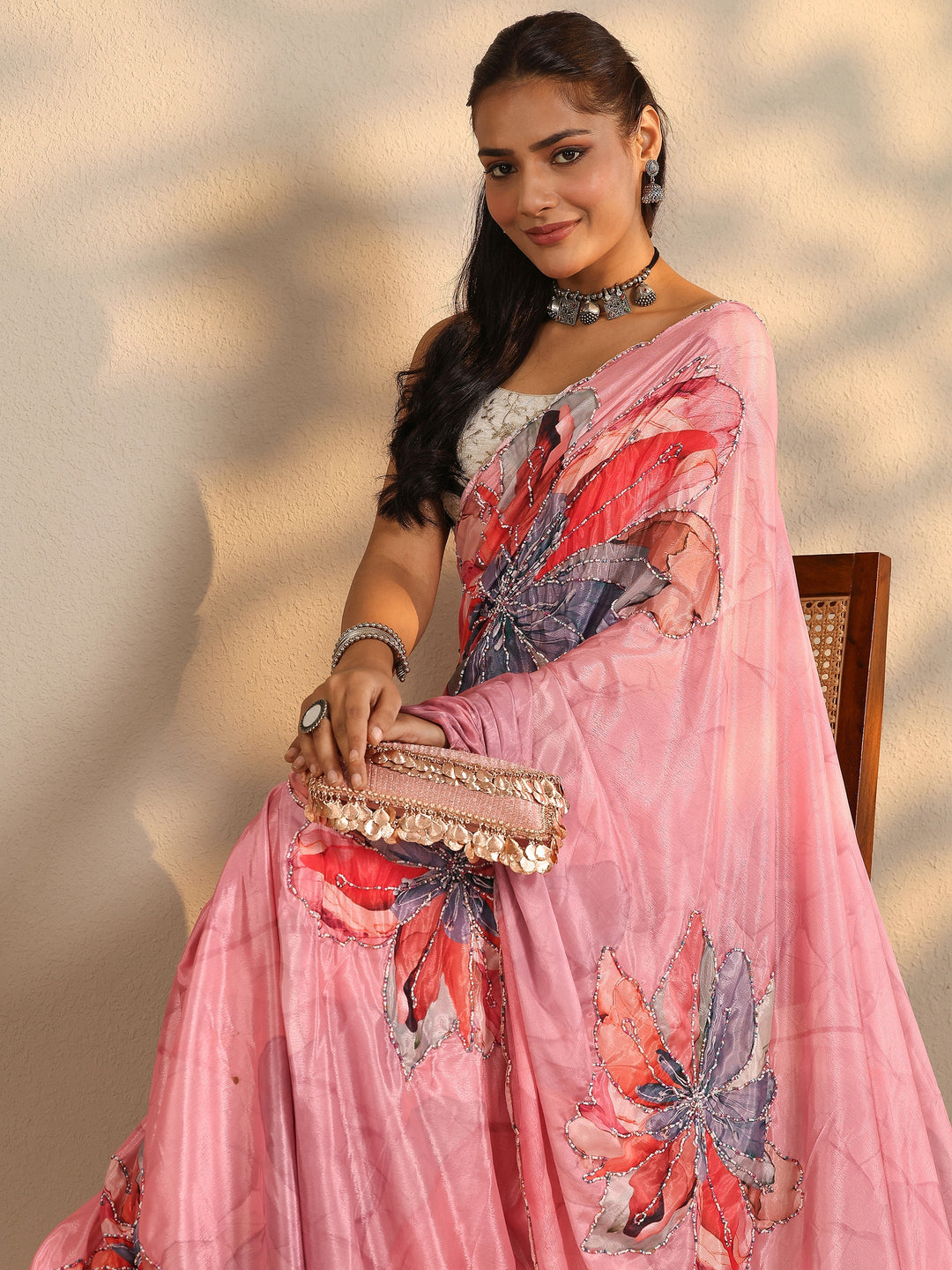 Peach Printed Silk Blend Saree With Unstitched Blouse Piece 