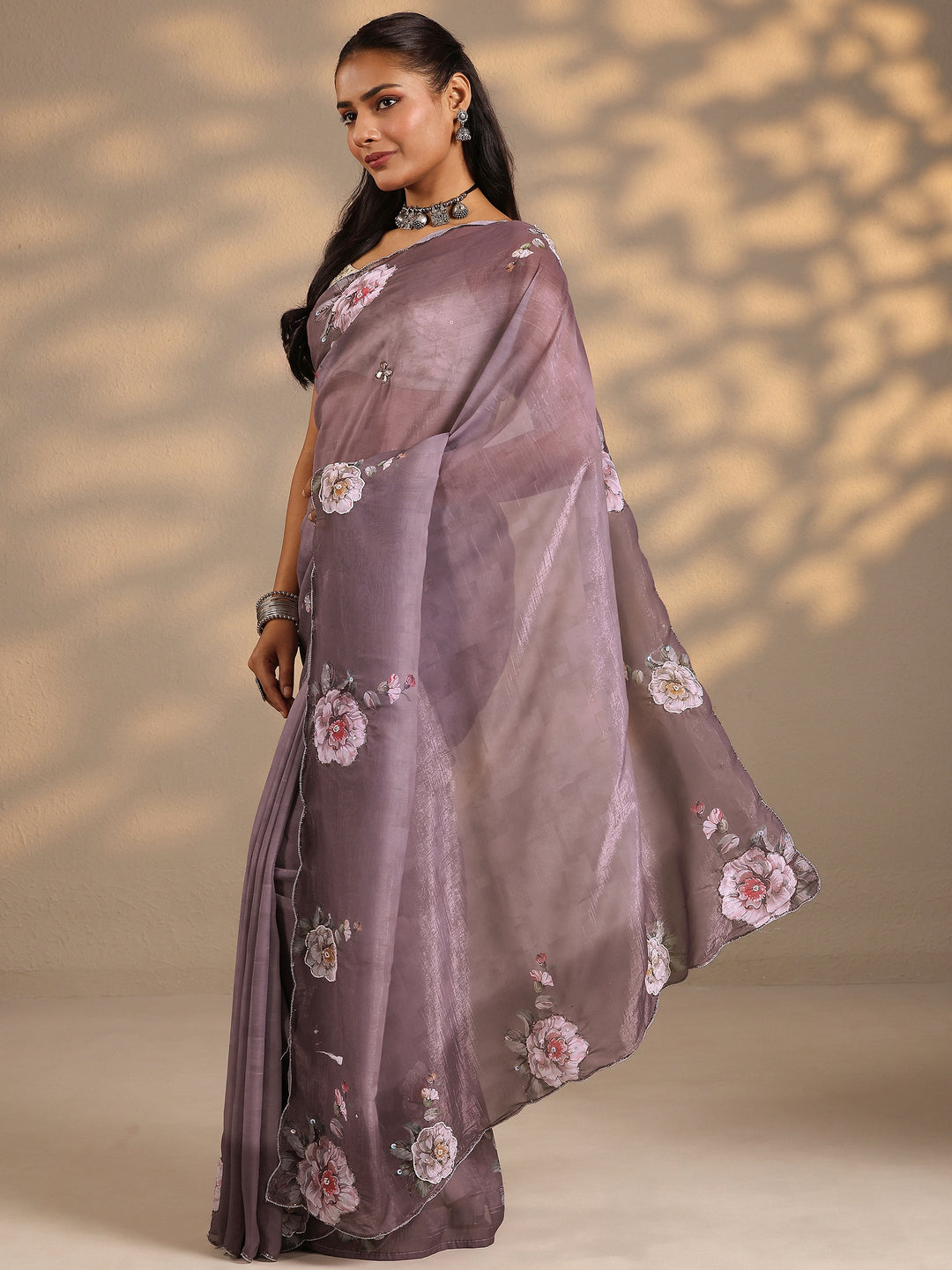  Mauve Printed Silk Blend Saree With Unstitched Blouse Piece 