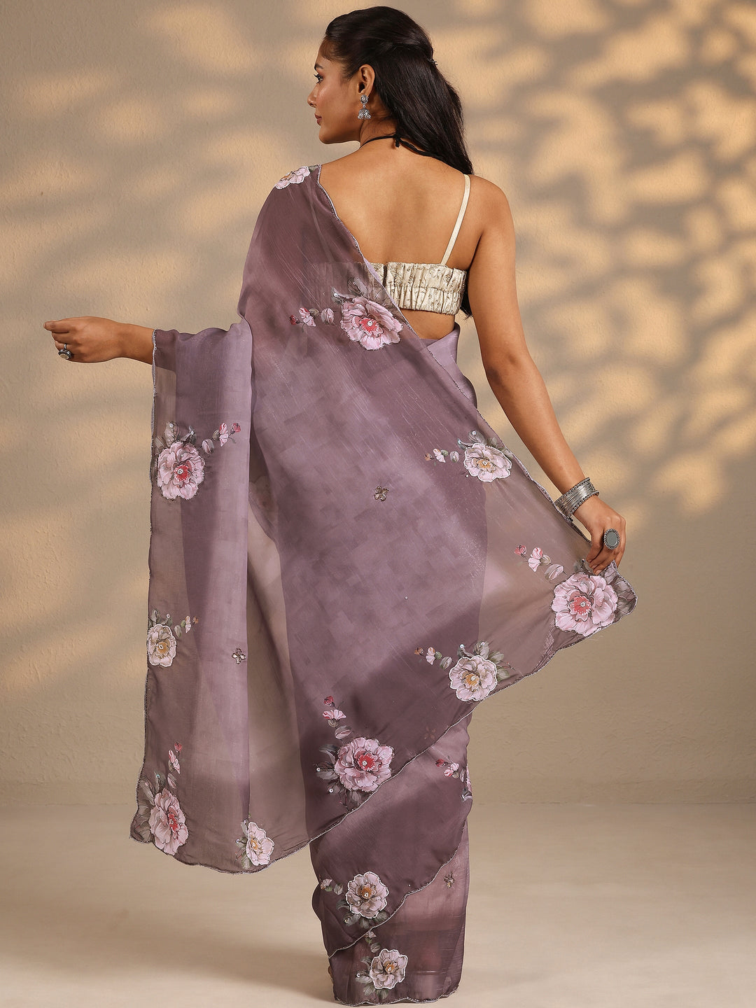  Mauve Printed Silk Blend Saree With Unstitched Blouse Piece 