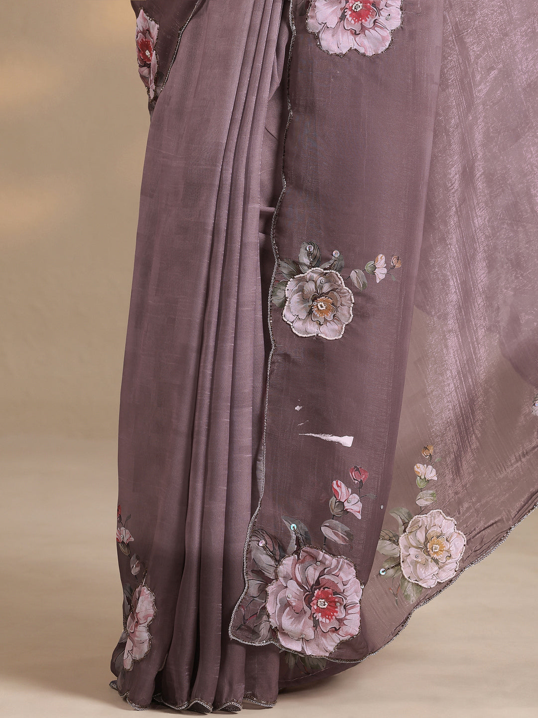  Mauve Printed Silk Blend Saree With Unstitched Blouse Piece 