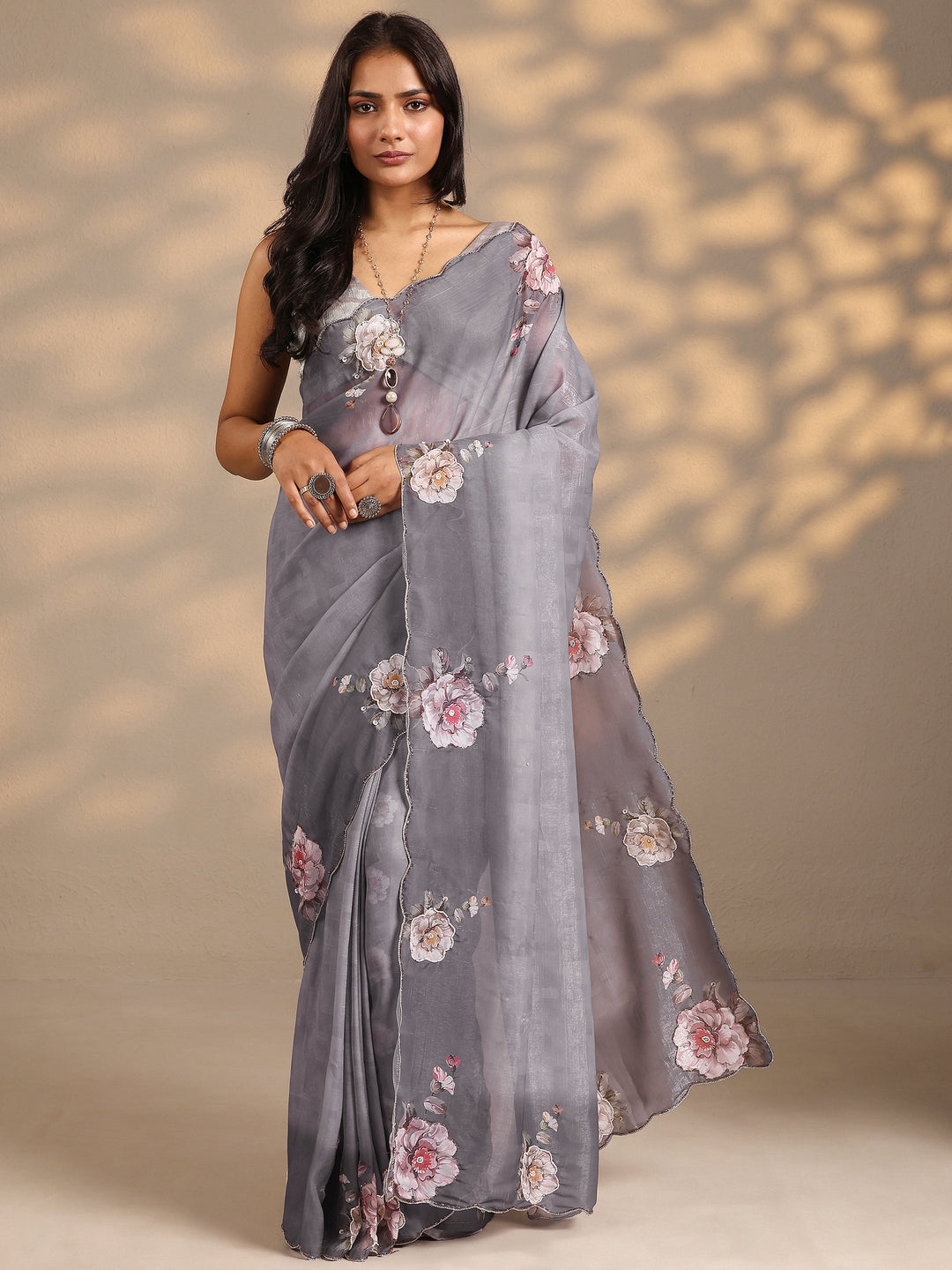  Grey Printed Silk Blend Saree With Unstitched Blouse Piece 