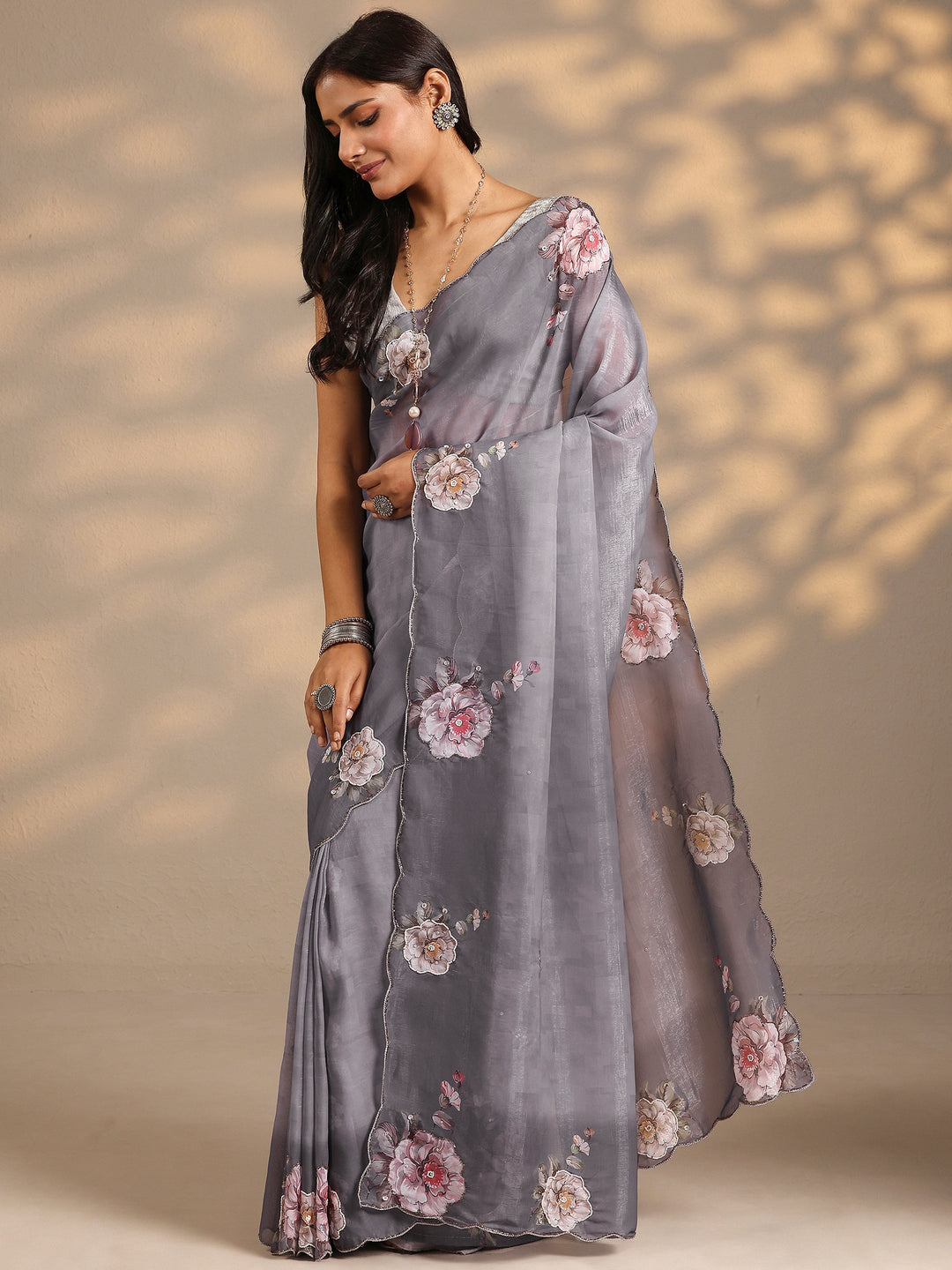  Grey Printed Silk Blend Saree With Unstitched Blouse Piece 