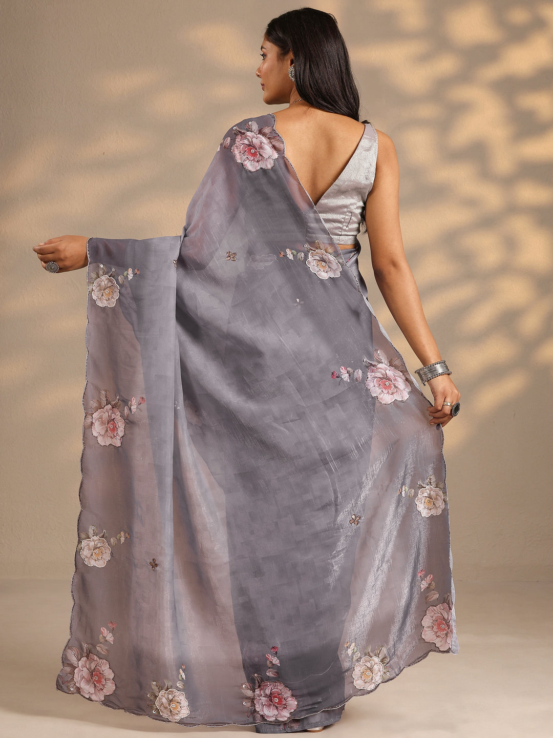  Grey Printed Silk Blend Saree With Unstitched Blouse Piece 