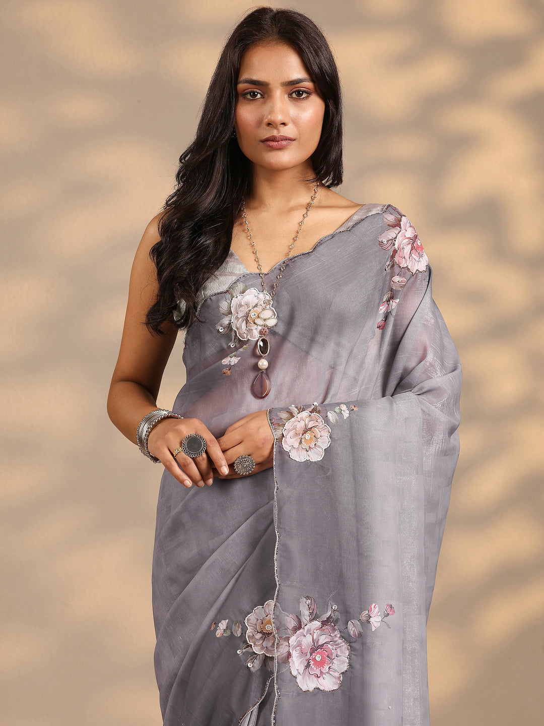  Grey Printed Silk Blend Saree With Unstitched Blouse Piece 