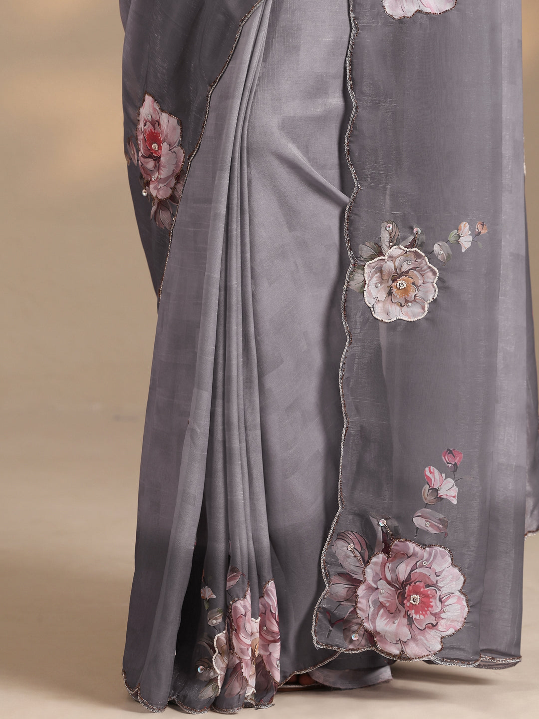  Grey Printed Silk Blend Saree With Unstitched Blouse Piece 