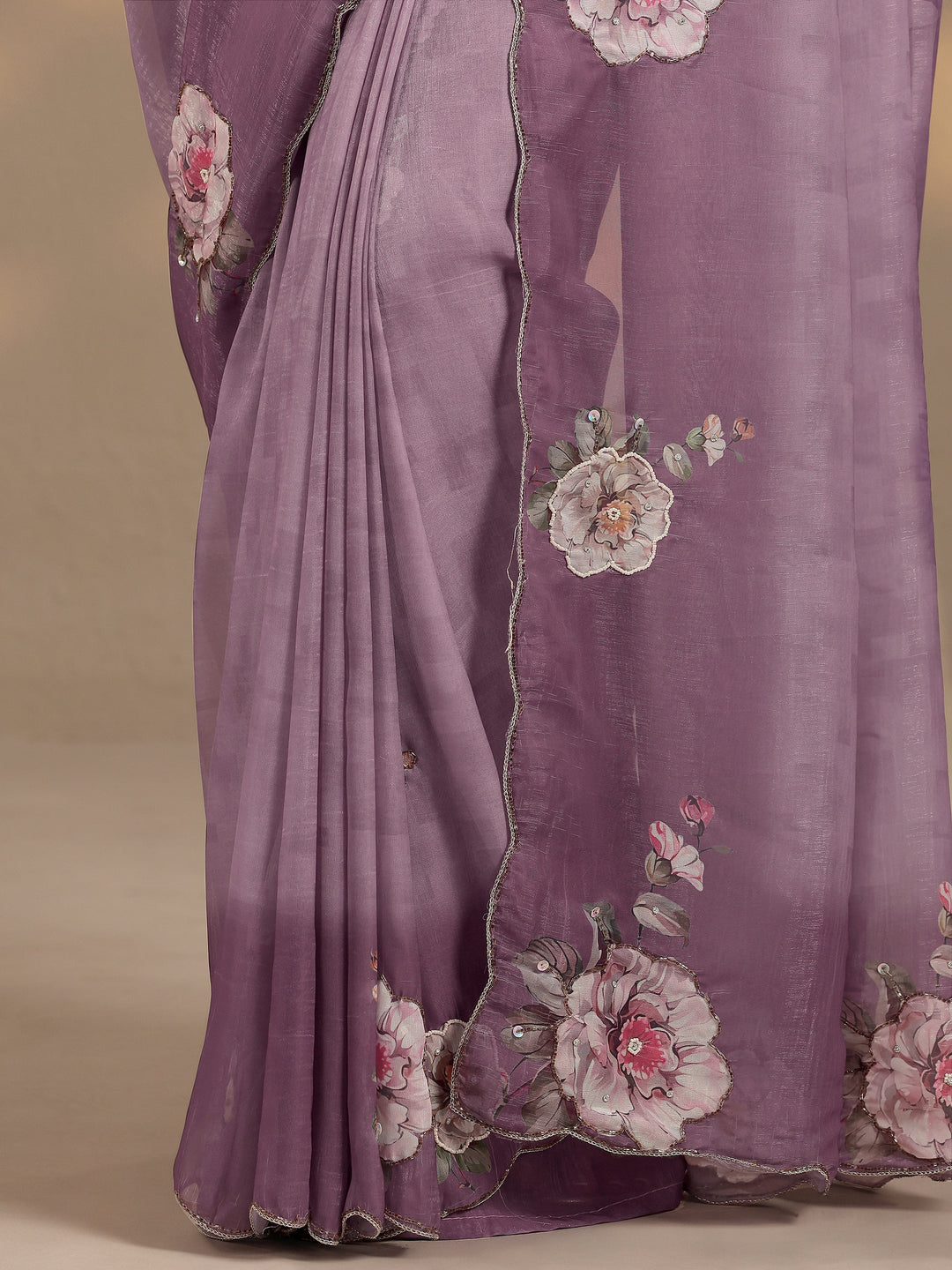  Mauve Printed Silk Blend Saree With Unstitched Blouse Piece 