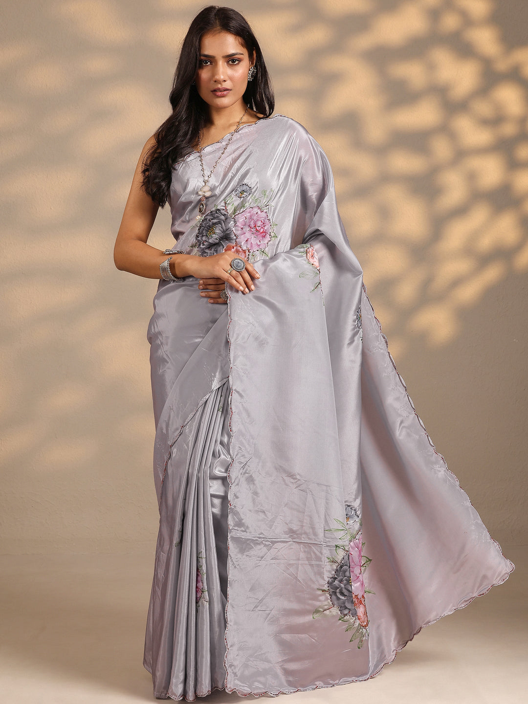 Grey Printed Silk Blend Saree With Unstitched Blouse Piece 