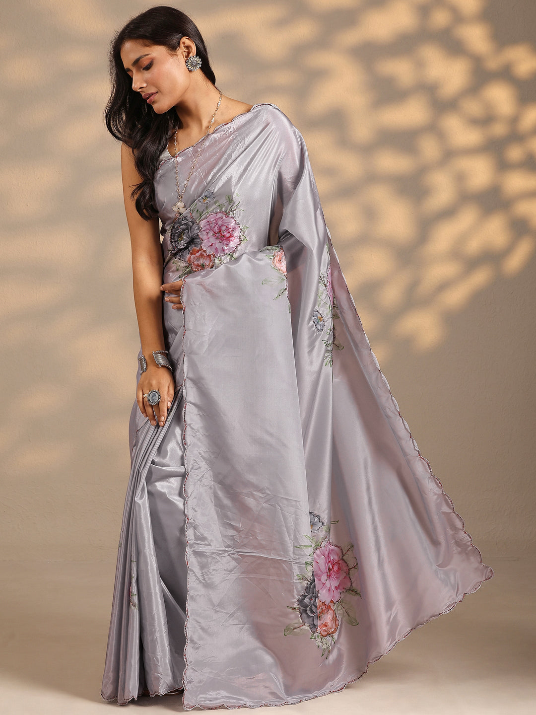  Grey Printed Silk Blend Saree With Unstitched Blouse Piece 