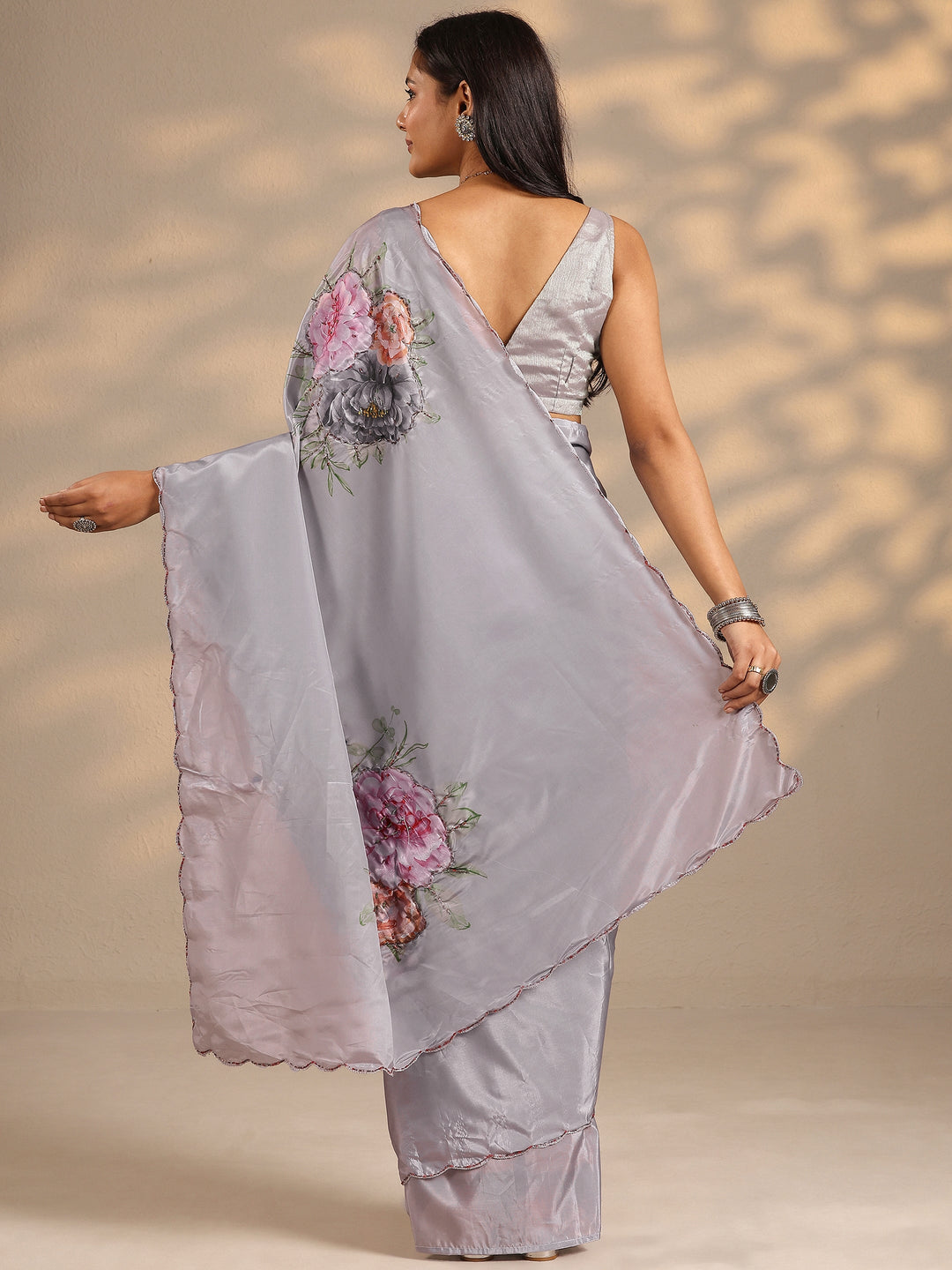  Grey Printed Silk Blend Saree With Unstitched Blouse Piece 