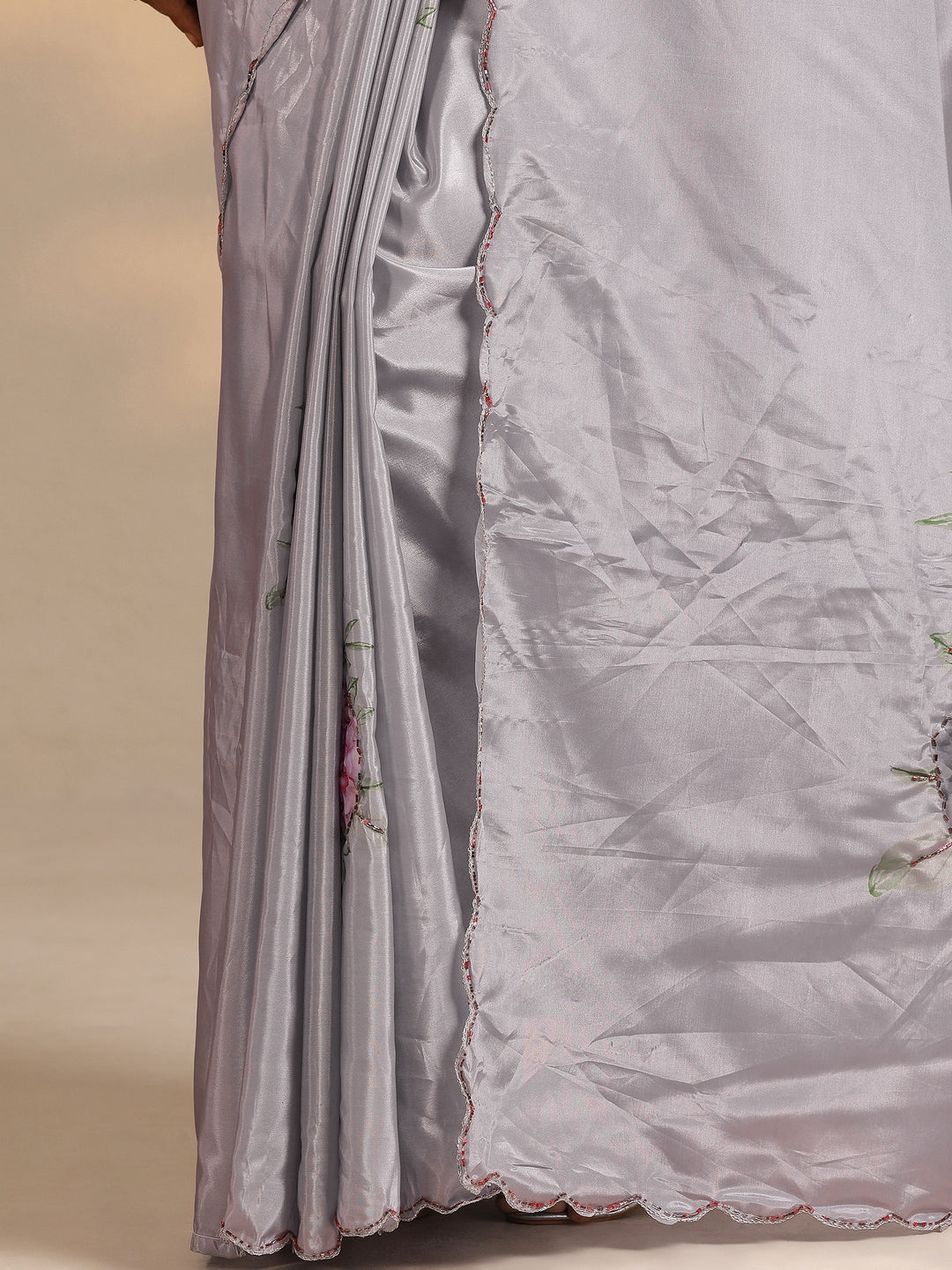  Grey Printed Silk Blend Saree With Unstitched Blouse Piece 