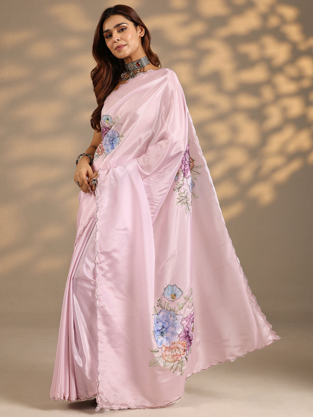  Pink Printed Silk Blend Saree With Unstitched Blouse Piece 