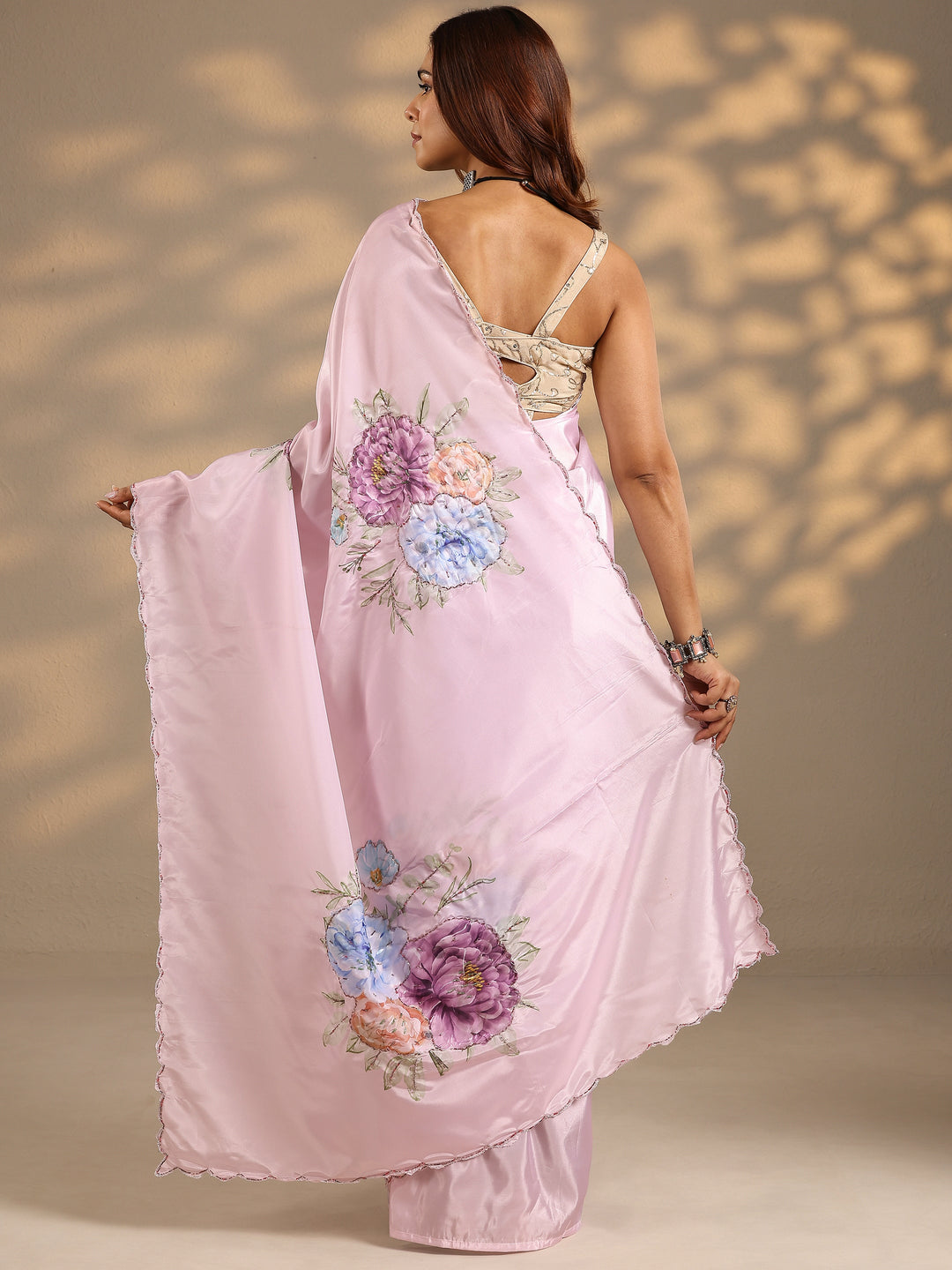  Pink Printed Silk Blend Saree With Unstitched Blouse Piece 