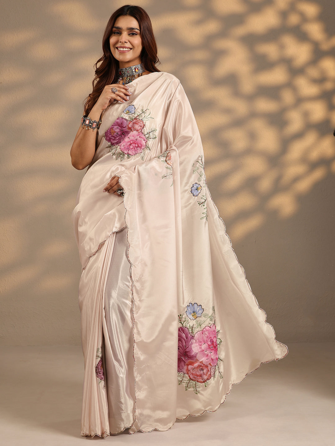  Peach Printed Silk Blend Saree With Unstitched Blouse Piece 