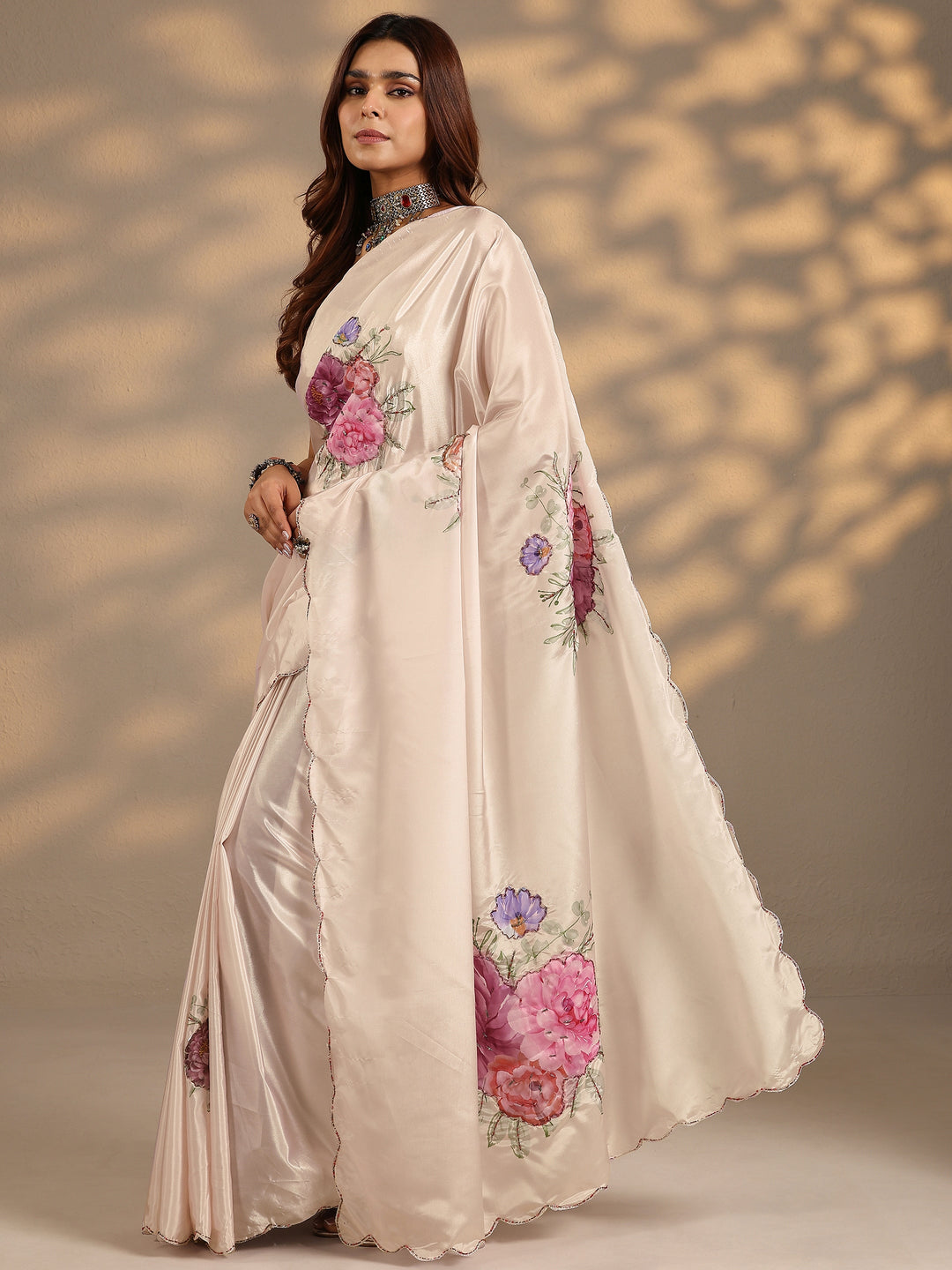  Peach Printed Silk Blend Saree With Unstitched Blouse Piece 