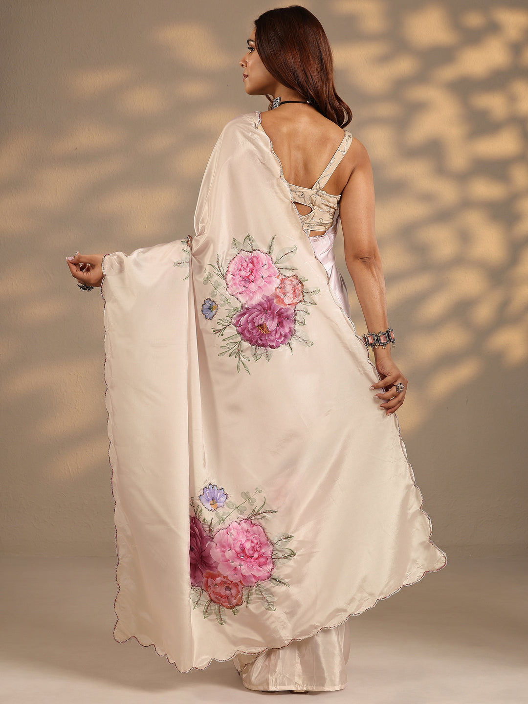  Peach Printed Silk Blend Saree With Unstitched Blouse Piece 