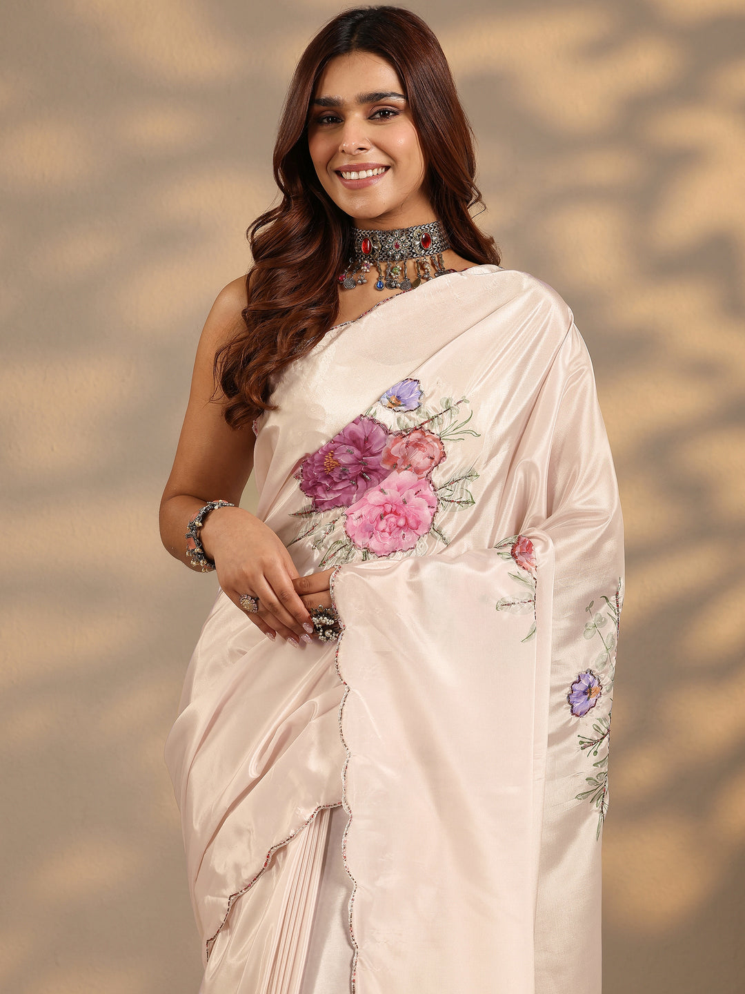  Peach Printed Silk Blend Saree With Unstitched Blouse Piece 