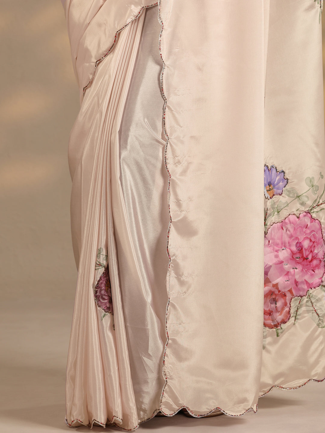  Peach Printed Silk Blend Saree With Unstitched Blouse Piece 