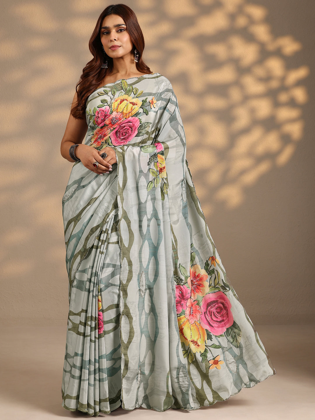  Grey Printed Silk Blend Saree With Unstitched Blouse Piece 