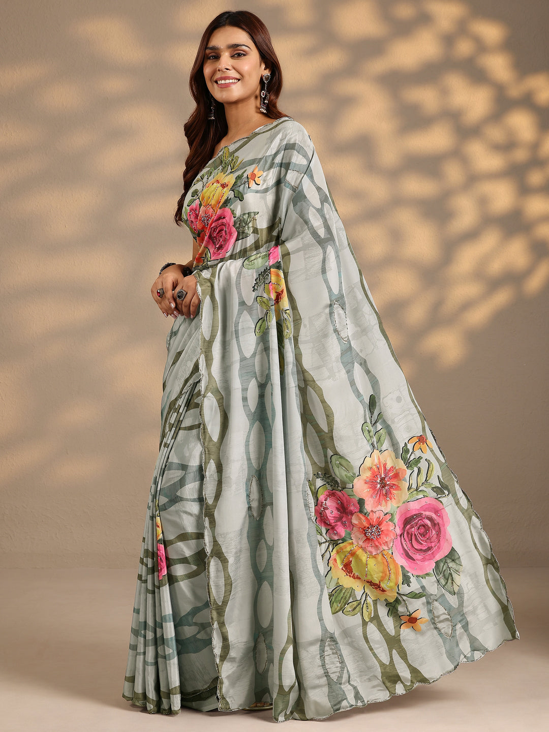  Grey Printed Silk Blend Saree With Unstitched Blouse Piece 