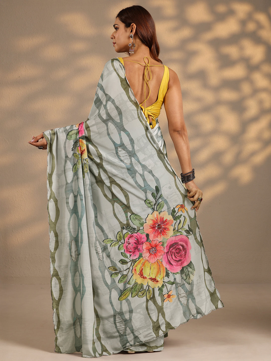  Grey Printed Silk Blend Saree With Unstitched Blouse Piece 