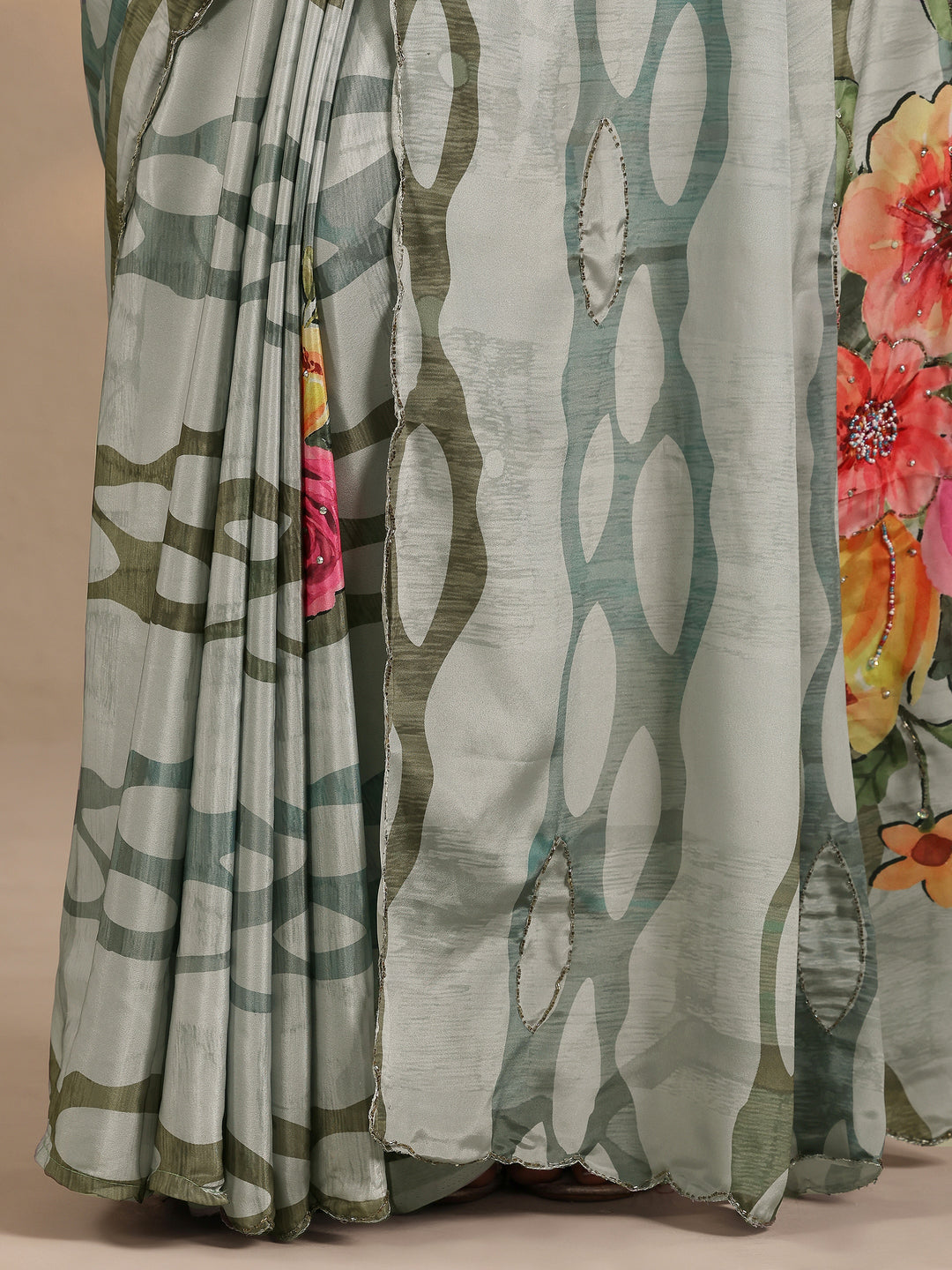  Grey Printed Silk Blend Saree With Unstitched Blouse Piece 