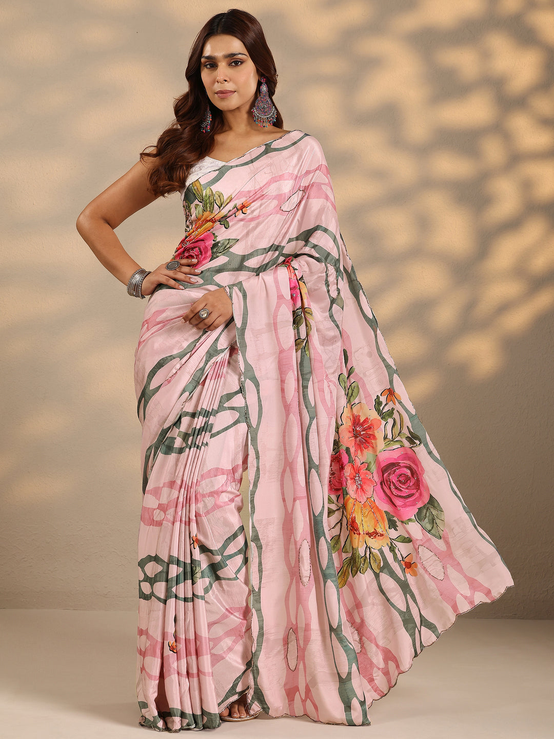  Peach Printed Silk Blend Saree With Unstitched Blouse Piece 