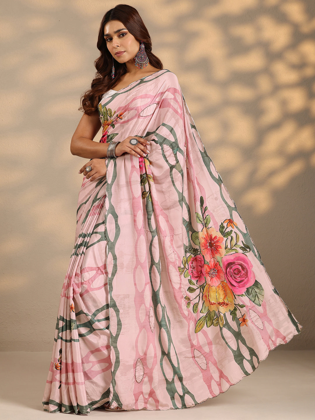  Peach Printed Silk Blend Saree With Unstitched Blouse Piece 