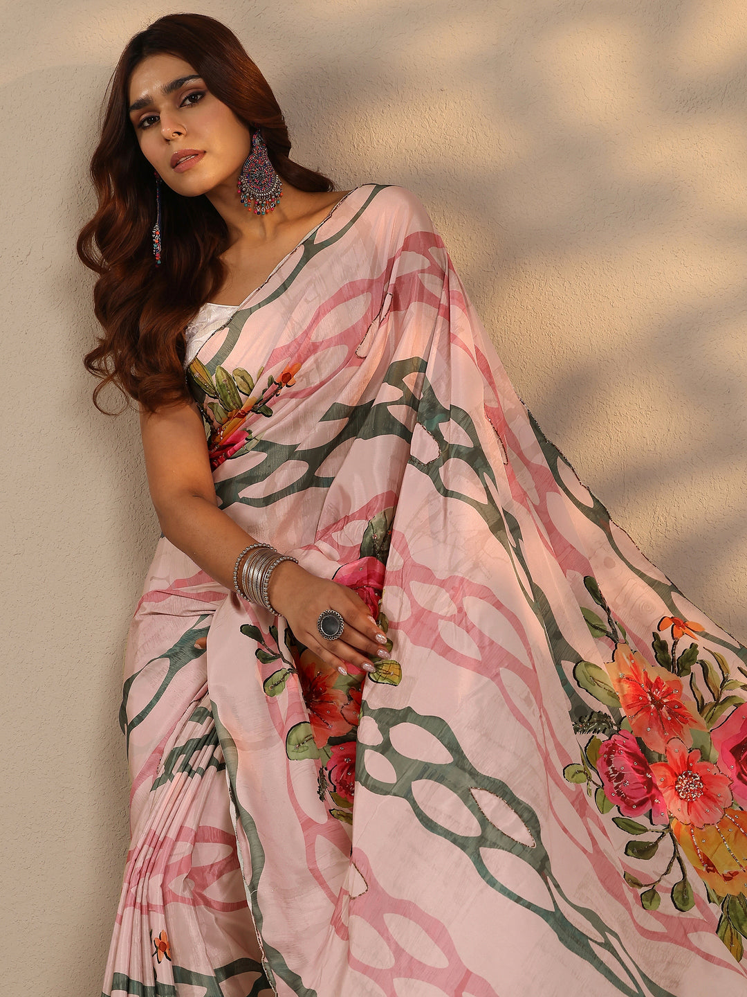  Peach Printed Silk Blend Saree With Unstitched Blouse Piece 