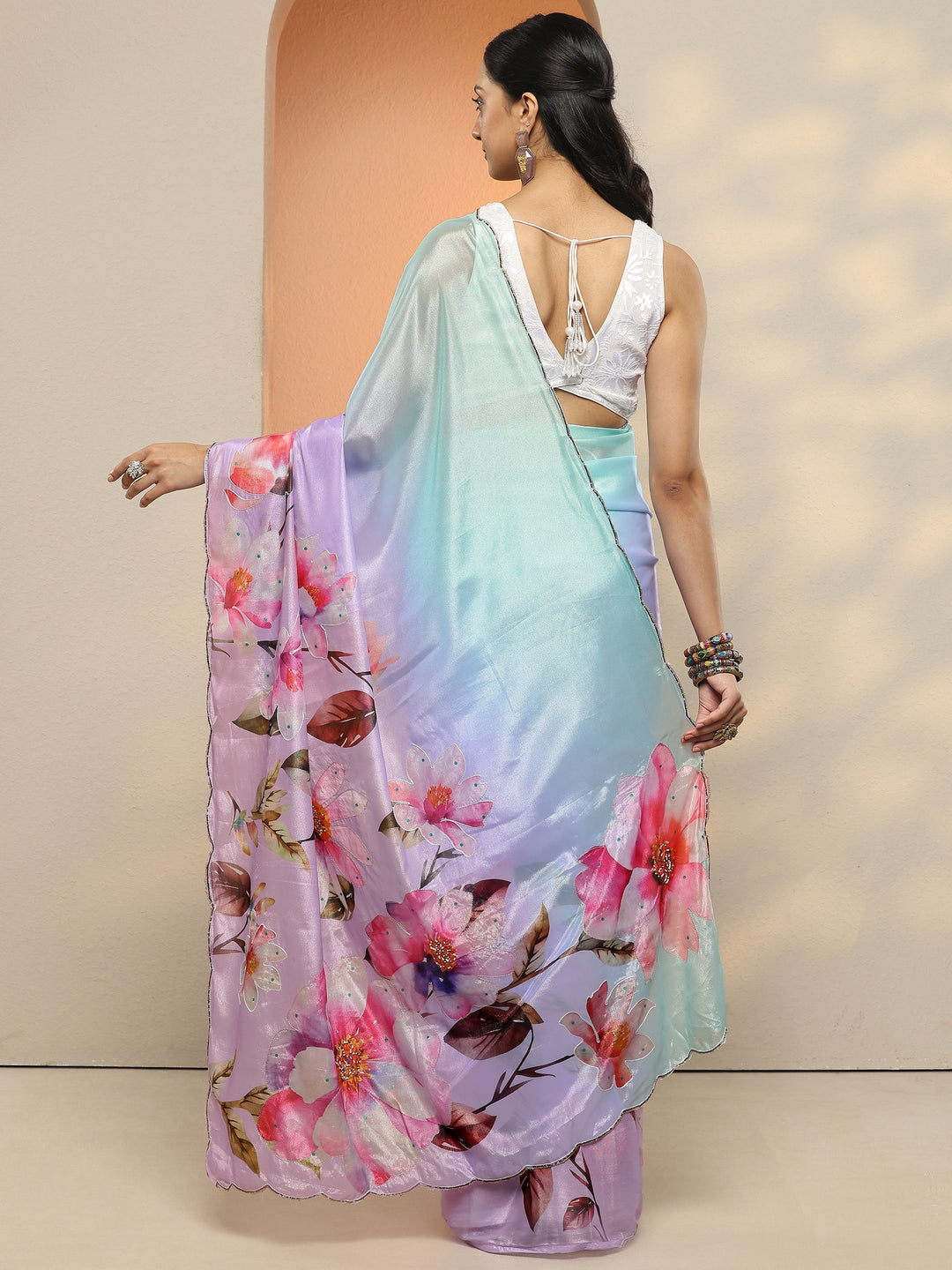  Blue Printed Silk Blend Saree With Unstitched Blouse Piece 