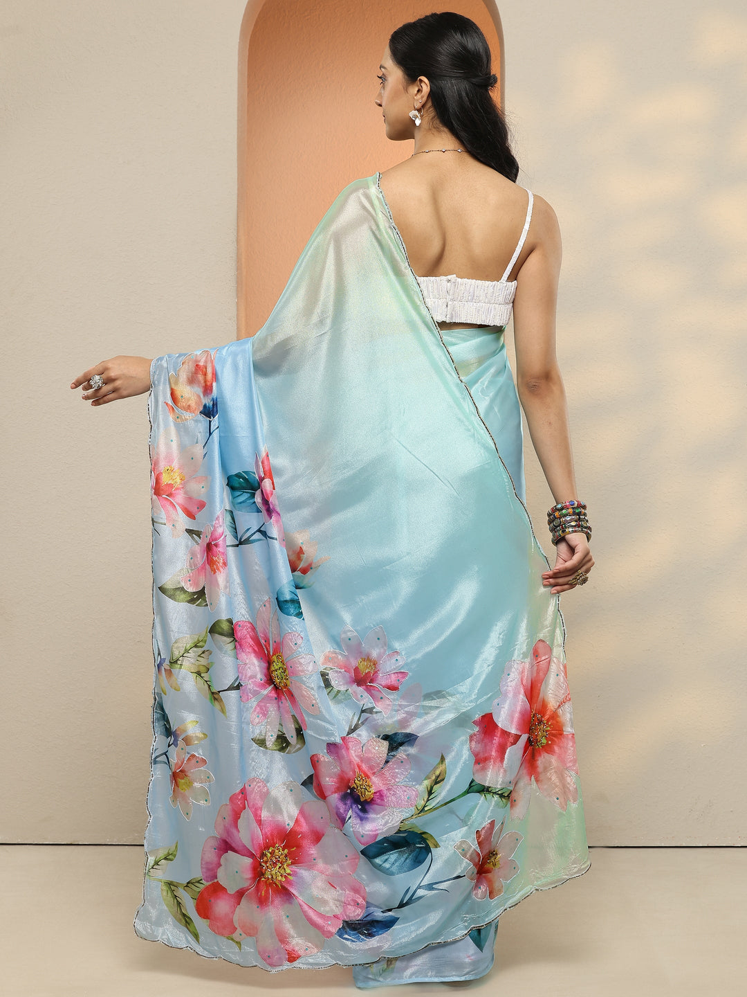  Green Printed Silk Blend Saree With Unstitched Blouse Piece 