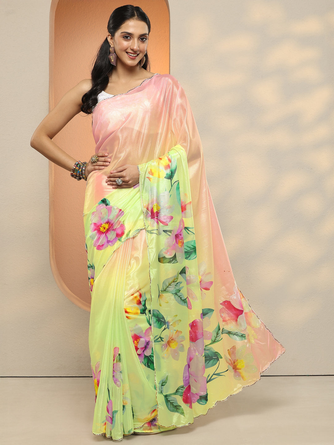  Lime Green Printed Silk Blend Saree With Unstitched Blouse Piece 