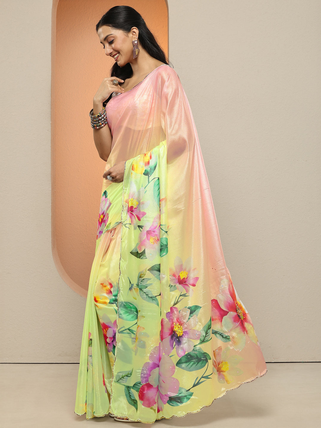  Lime Green Printed Silk Blend Saree With Unstitched Blouse Piece 