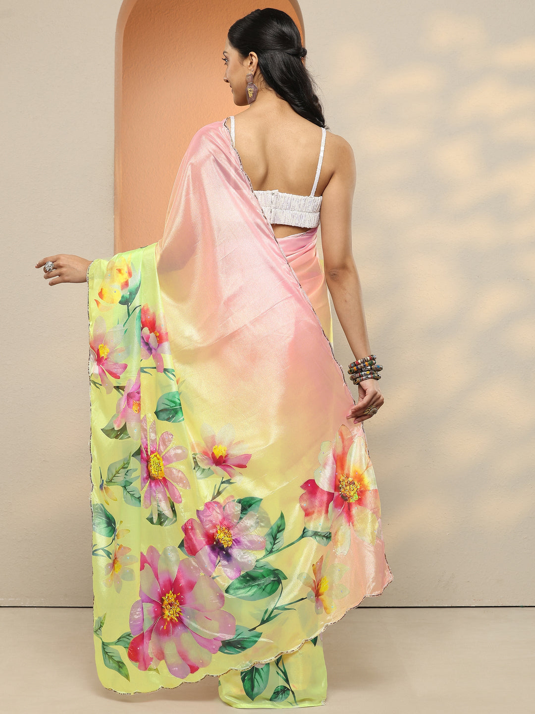  Lime Green Printed Silk Blend Saree With Unstitched Blouse Piece 