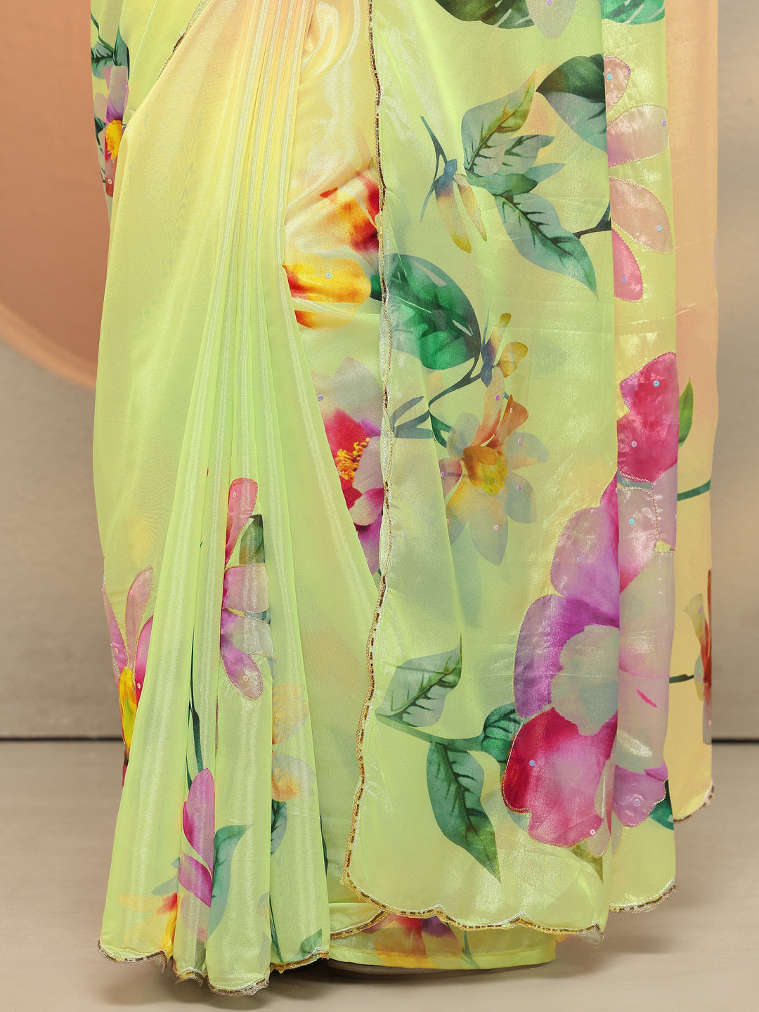  Lime Green Printed Silk Blend Saree With Unstitched Blouse Piece 