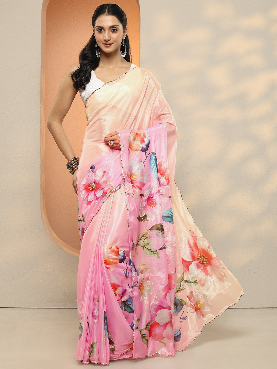  Pink Printed Silk Blend Saree With Unstitched Blouse Piece 