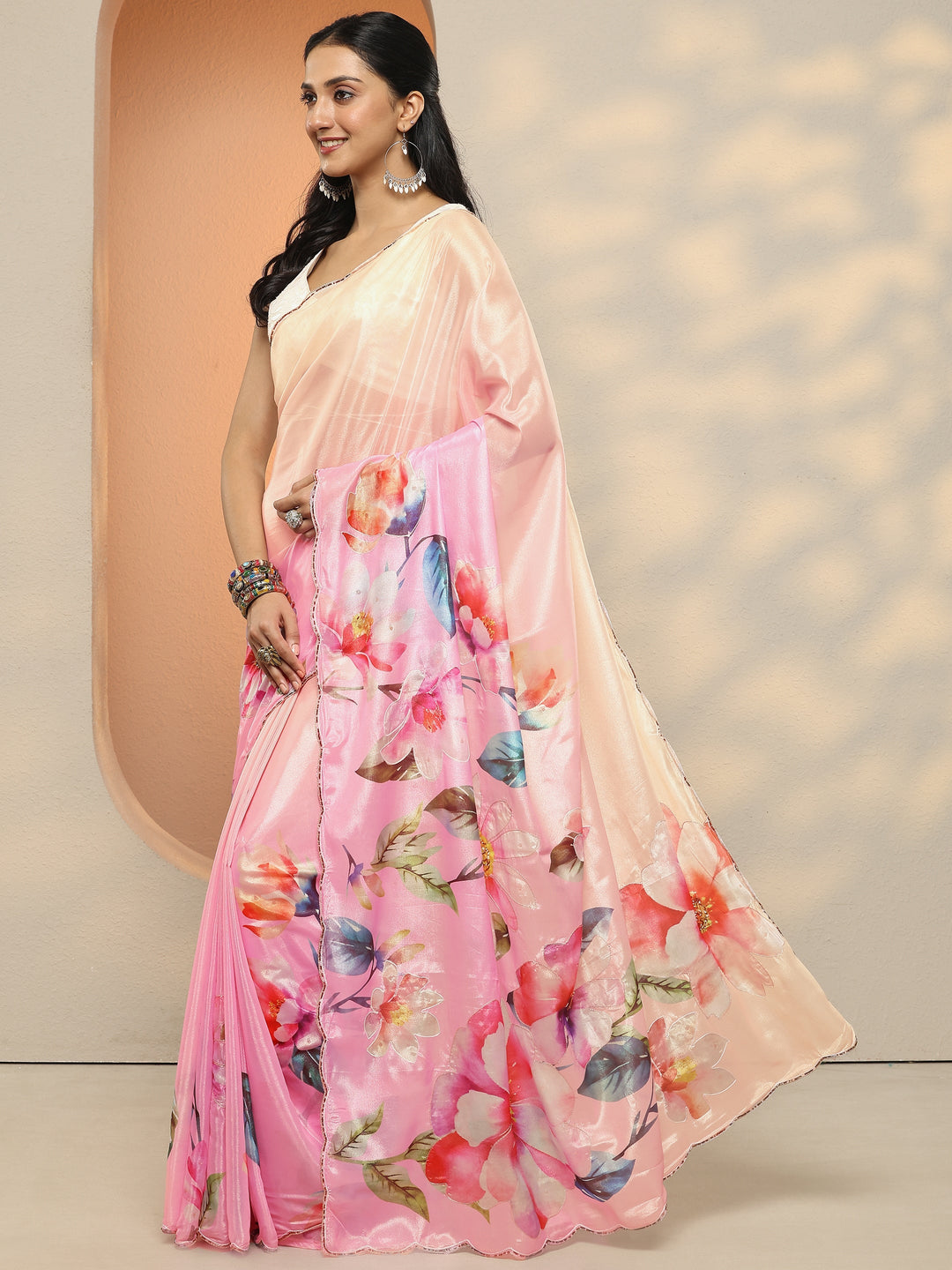  Pink Printed Silk Blend Saree With Unstitched Blouse Piece 