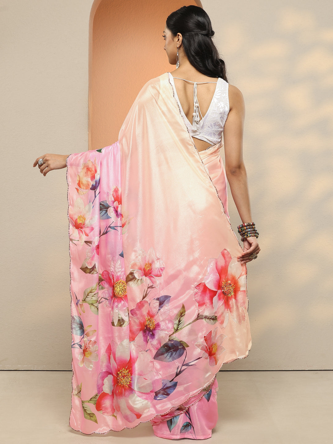  Pink Printed Silk Blend Saree With Unstitched Blouse Piece 