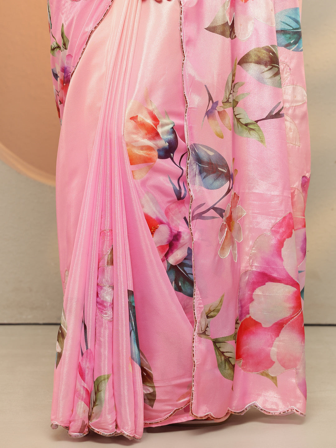  Pink Printed Silk Blend Saree With Unstitched Blouse Piece 