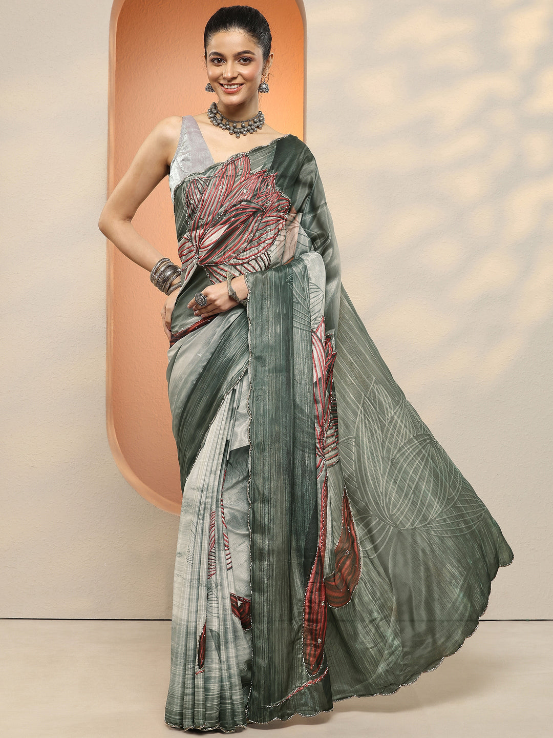  Green Printed Silk Blend Sarees With Unstitched Blouse Piece 