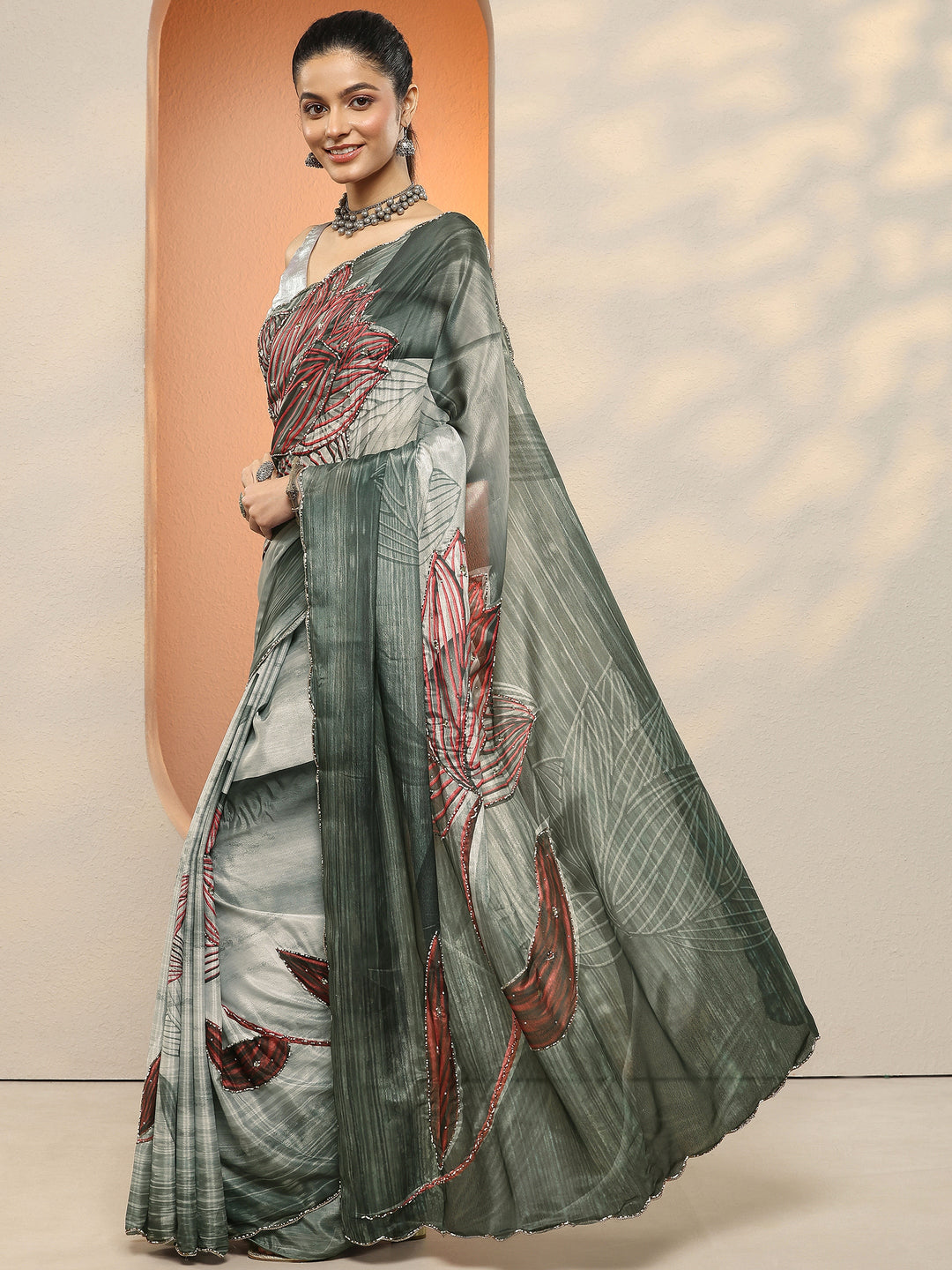  Green Printed Silk Blend Sarees With Unstitched Blouse Piece 