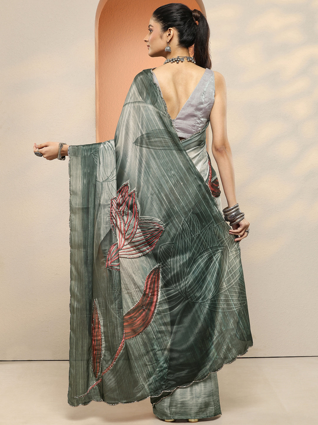  Green Printed Silk Blend Sarees With Unstitched Blouse Piece 