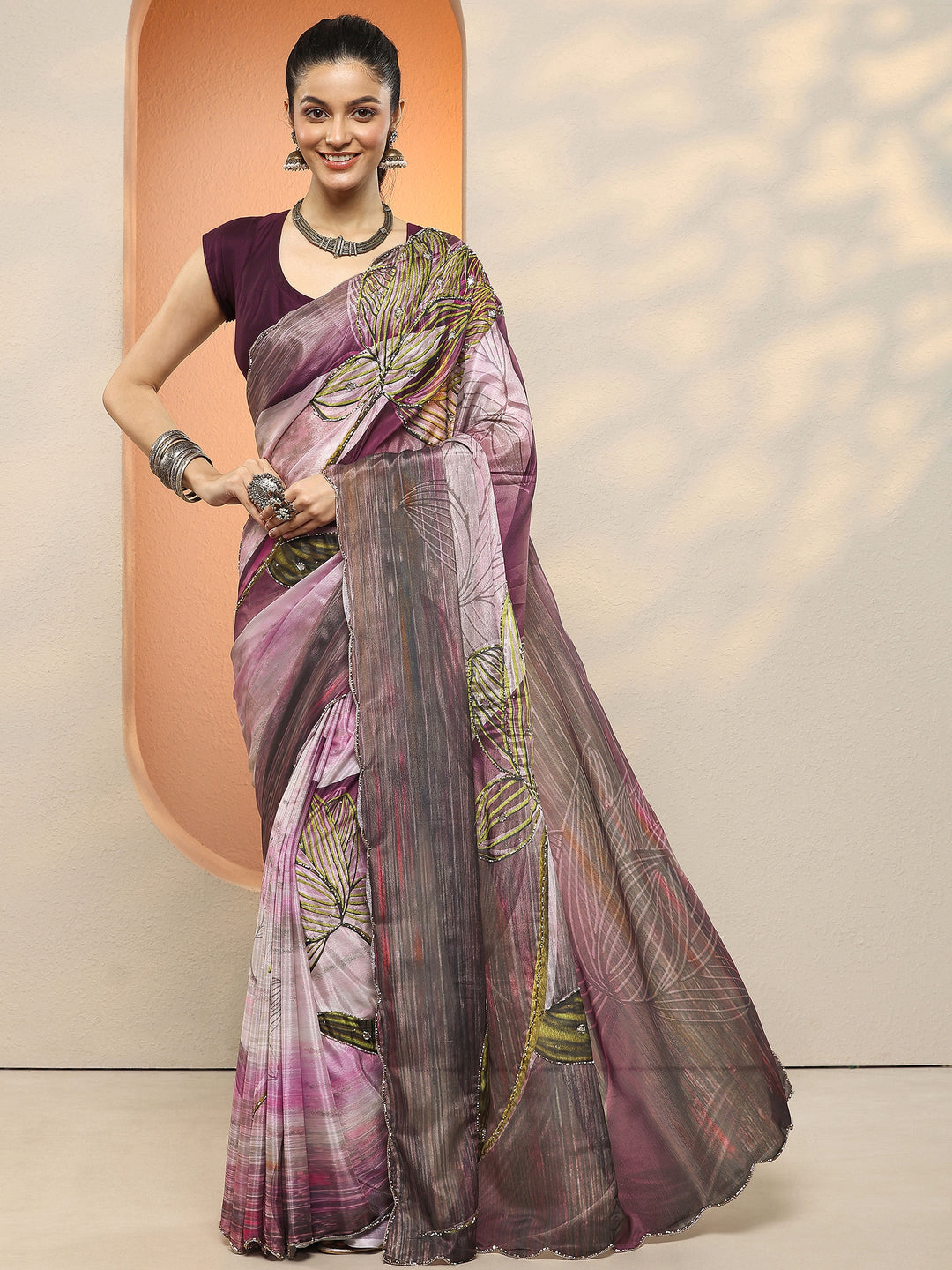 Burgundy Printed Silk Blend Sarees With Unstitched Blouse Piece