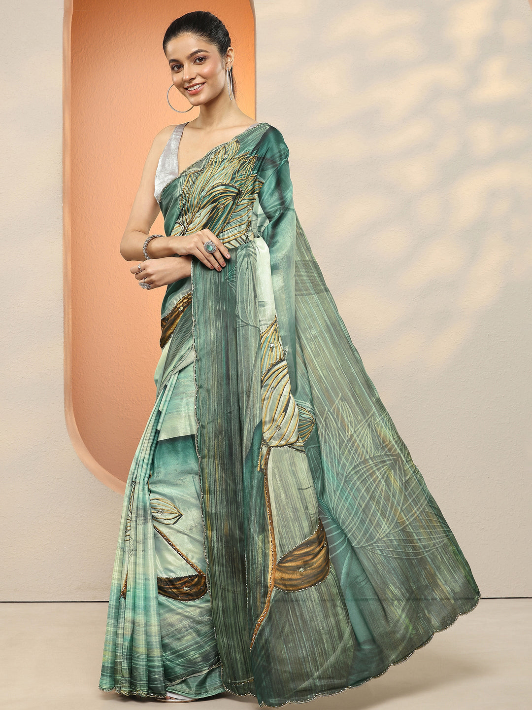  Green Printed Silk Blend Sarees With Unstitched Blouse Piece 