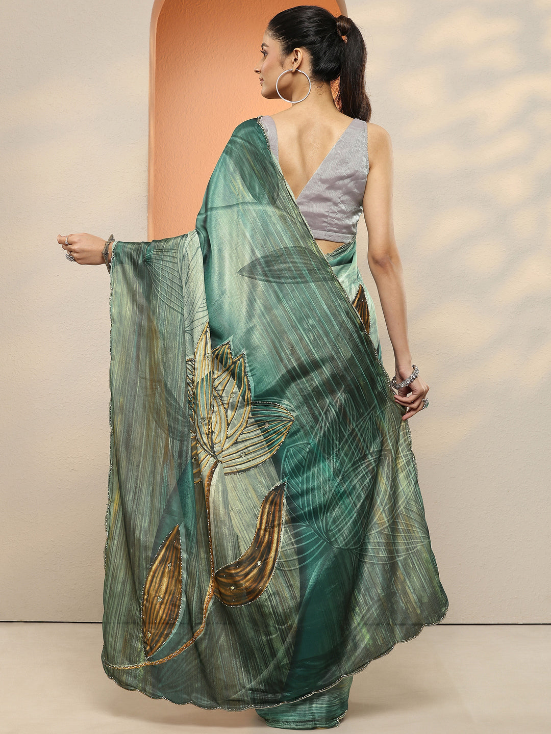  Green Printed Silk Blend Sarees With Unstitched Blouse Piece 