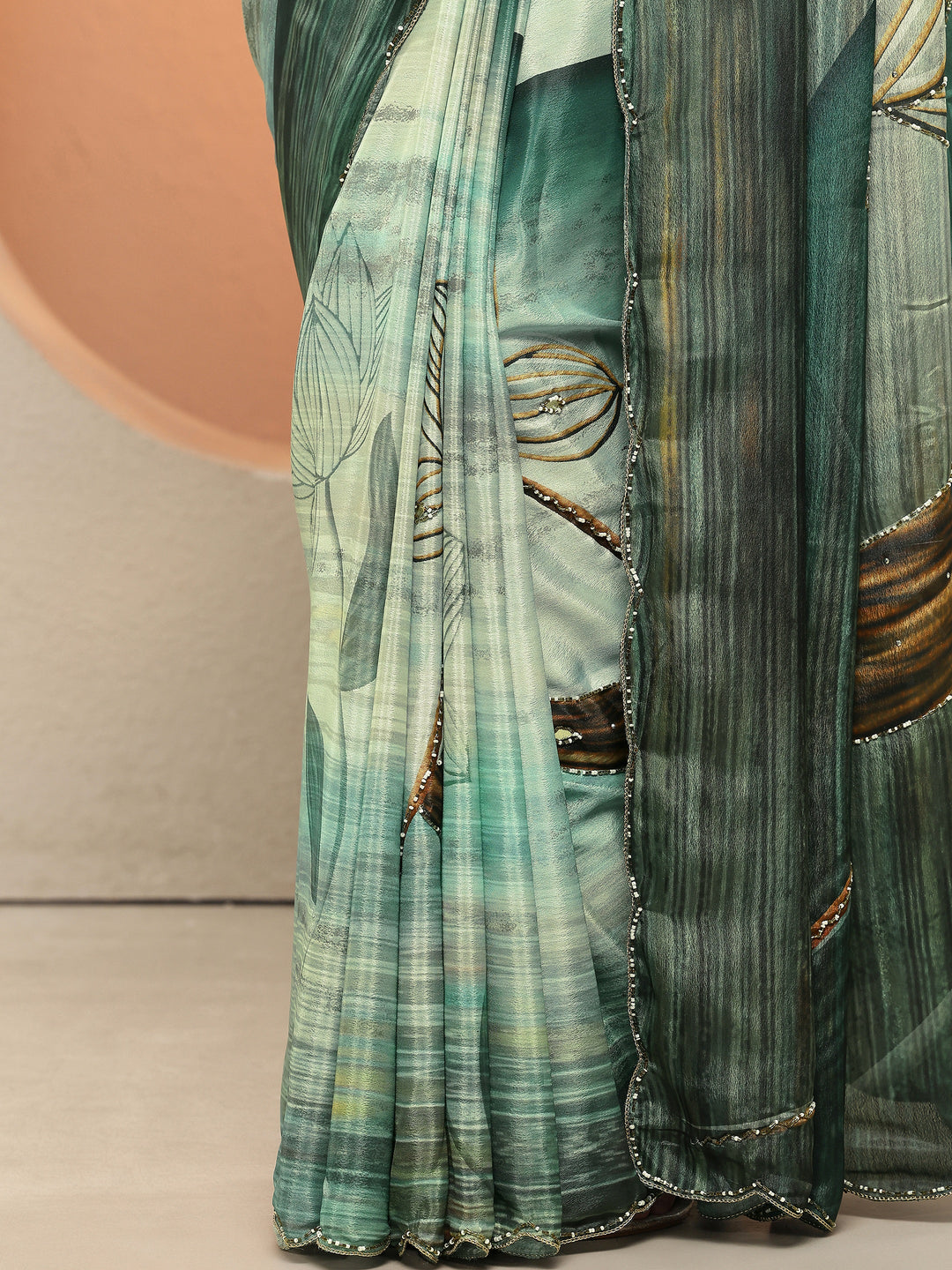  Green Printed Silk Blend Sarees With Unstitched Blouse Piece 